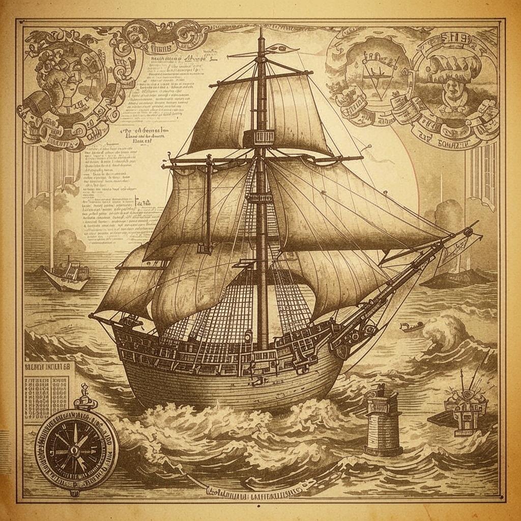 Винтажная морская карта с кораблём в штормовом море