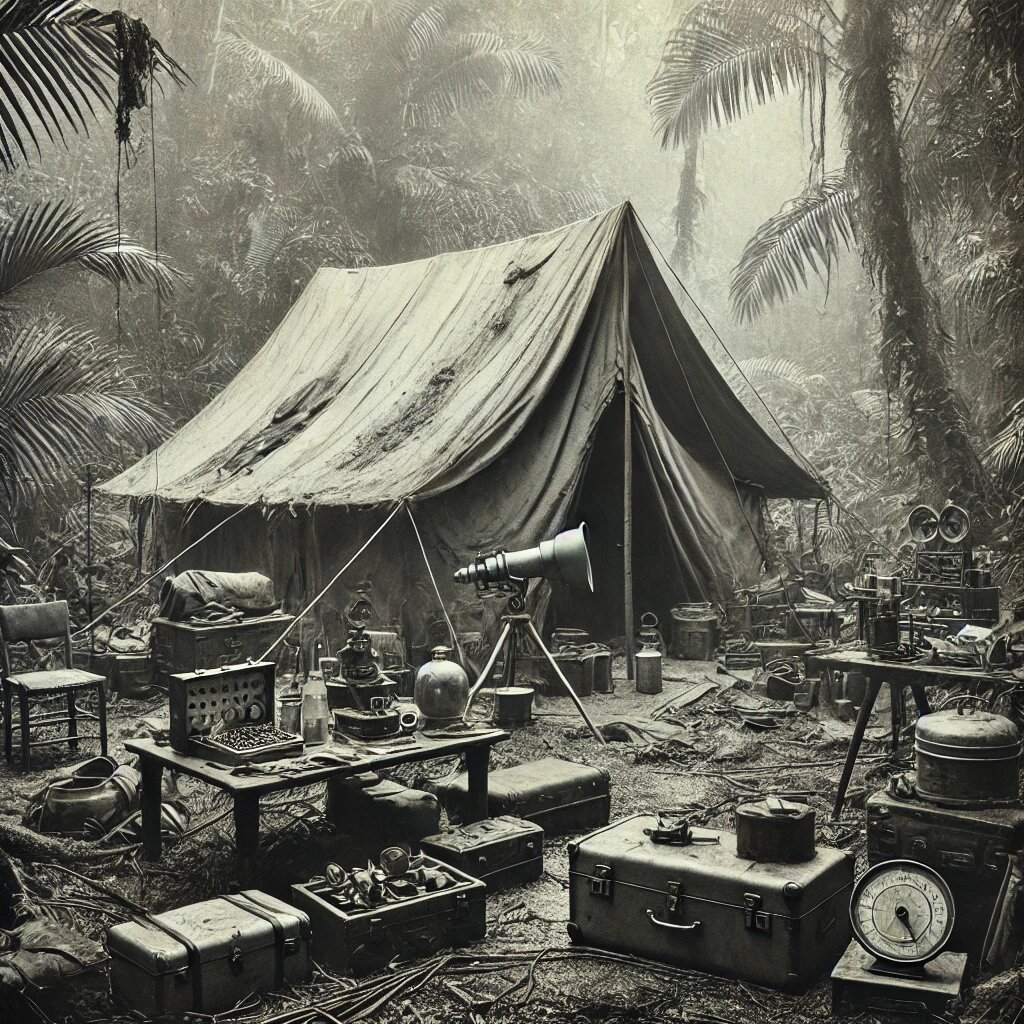 Чёрно-белая фотография заброшенного лагеря в джунглях, 1940-е годы
