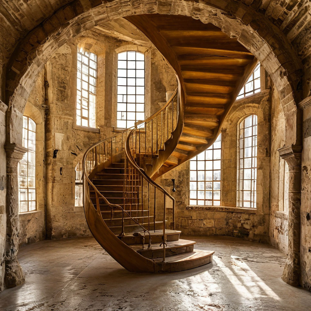 Старинная винтовая лестница маяка в лучах заходящего солнца