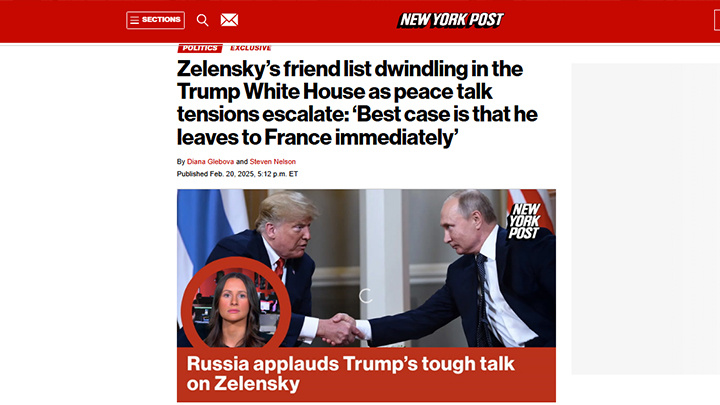    Список друзей Зеленского в Белом доме Трампа сокращается по мере нарастания напряжённости в мирных переговорах: "В лучшем случае он немедленно уедет во Францию". Скриншот с сайта nypost.com