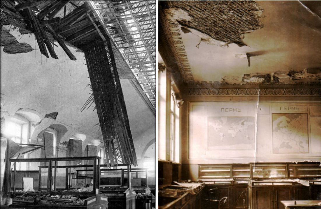 Разрушения кровли музея после попадания артиллерийского снаряда