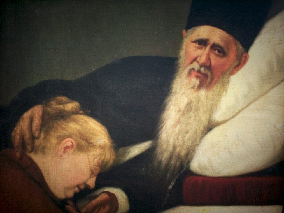 Д. Болотов. «Амвросий Оптинский и Ольга Карловна Гончарова», 1899 г.