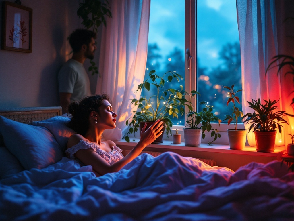    К чему такое снится: На картине изображена женщина, которая касается рукой комнатного растения на подоконнике. Растение у её прикосновения выглядит всё более засохшим и вялым. В углу ком