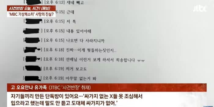   Фрагменты переписки: 
[6:12 PM] Исключите её   
[6:15 PM] Но…   
[6:15 PM] Этот чат   
[6:15 PM] В нём есть важные сообщения   
[6:15 PM] Если она выйдет, всё исчезнет   
[6:18 PM] Честно… что это за дрожь в теле?..   
[6:18 PM] Простите, что вам приходится это видеть, сенбэним (уважаемый старший) ㅠㅠ   
[6:19 PM] Даже если она это увидит   
[6:19 PM] Она, похоже, ничего не скажет   
 
Красный блок с цитатой): 
«У них был свой закрытый групповой чат… Они говорили: «Эта никчёмная Х должна следить за своей одеждой», но даже после предупреждения они не слушали и продолжали: «Вообще никакого самоуважения у неё нет».»