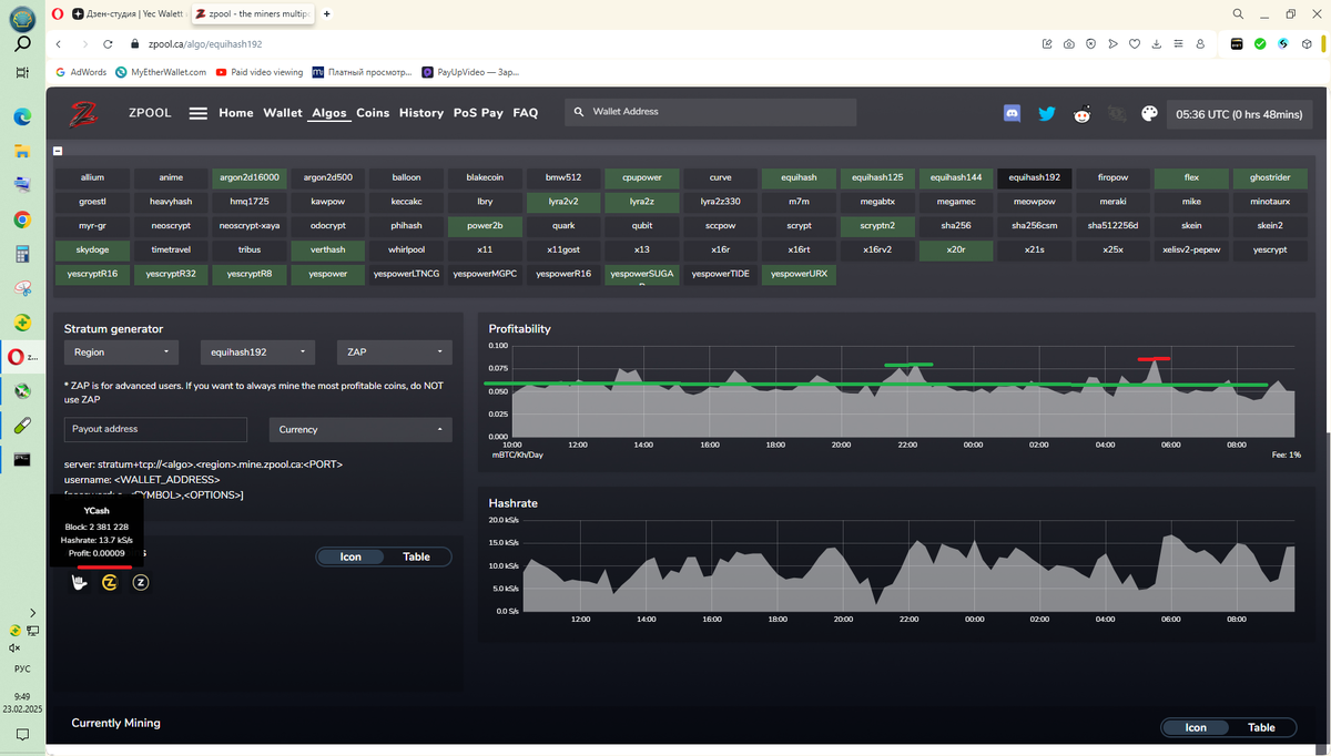 Средняя цена доходности на протоколе EQUIHASH 192-7 (монетка YEC