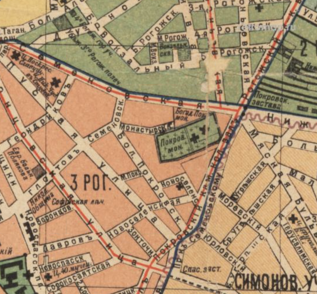 Покровский монастырь и кладбище на карте Москвы 1915 года. С сайта www.retromap.ru.