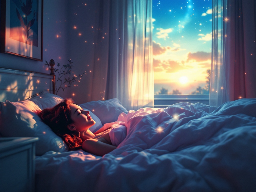    К чему такое снится: На картине изображен человек, сидящий на кровати в постели утром с улыбкой на лице, глядя в окно, через которое в комнату проникают лучи утреннего солнца. В комнате