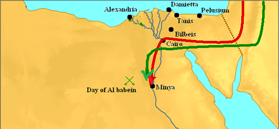 Локализация месторасположения битвы при Эль-Бабине (иначе – Аль-Бабейне или Ал-Бабайне) 18 марта 1167 года. Красной линией показан маршрут движения объединённых сил иерусалимского короля Амори I и египетского визиря Шавара ибн Муджира ас-Сади. Зелёной линией показан маршрут движения мусульманской армии, которую возглавлял Асад ад-Дин Ширкух. Источник: https://ru.wikipedia.org/wiki/Битва_при_Аль-Бабейне#/media/Файл:Egypt_3rd_invasion.PNG