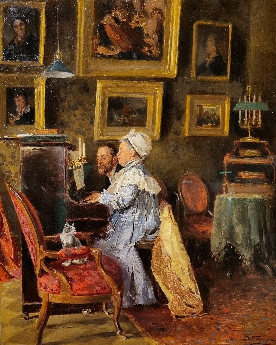 Маковский Владимир Егорович: Игра в четыре руки, 1908 Дерево, масло Частное собрание