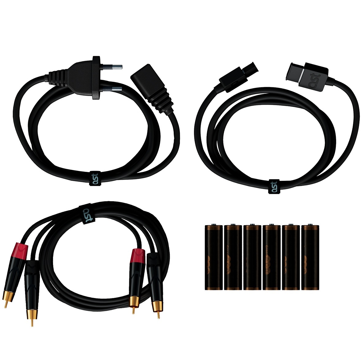 В комплекте еще кабели и батарейки.