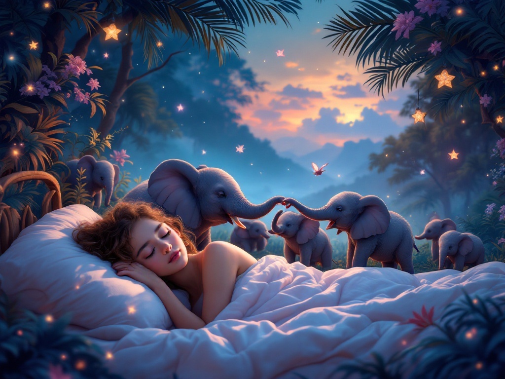    К чему такое снится: На картине изображены маленькие слонята в тропическом лесу. Среди них, слонёнок-девочка хоботом тянет за руку человека, приглашая его следовать за собой. Вокруг расп