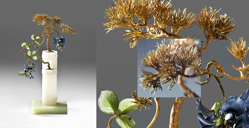 Сосна, обвитая глицинией. Фирма К. Фаберже, 1908-1917 гг. Золото, изумруды, бовенит, мраморный оникс, нефрит, эмаль, резьба по камню
