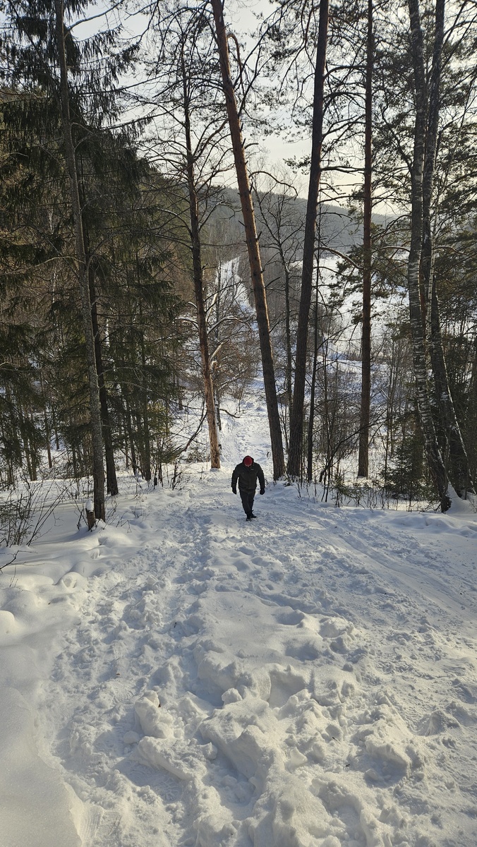 Везде лес, солнышко играет бликами на снегу. А народ с горки скатывается, как придется:)