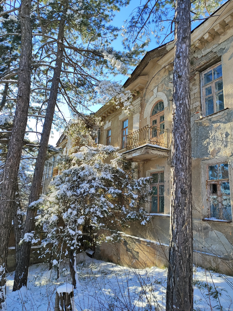 Какое курортное умиротворение: балкончик, сосны под окном... Там, наверняка, ещё и вид на Эльбрус с верхнего этажа (февраль 2025 года)