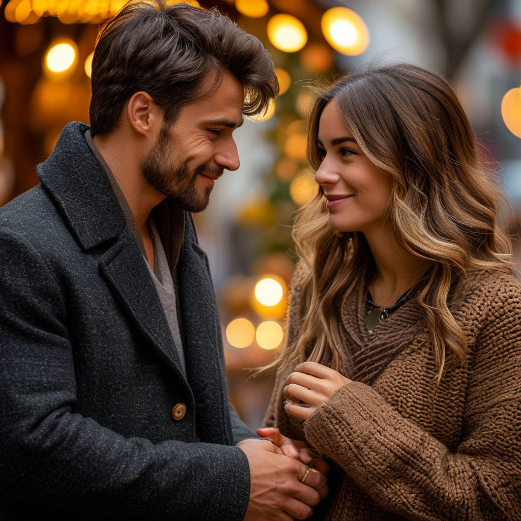 Пара на романтическом ужине, мужчина нежно держит женщину за руку, но его взгляд пуст. Женщина влюблённо смотрит на него, не замечая тревожных знаков.