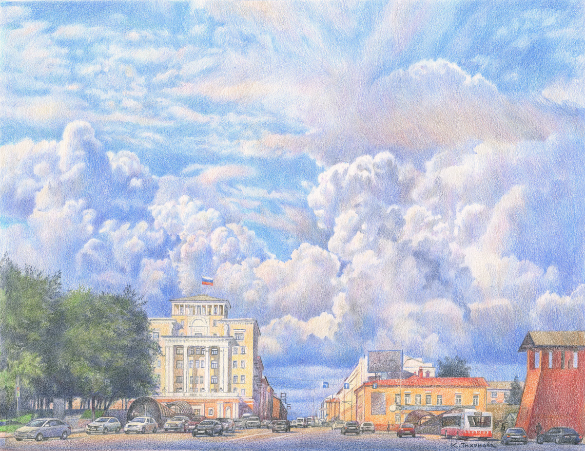 Ксения Тихонова. Серия: Удивительный Смоленск. Лист: Мирное небо Площади Победы. 2025. Бумага, цветной карандаш. 40Х50.