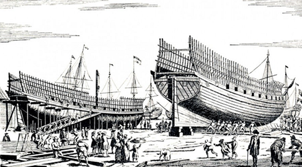 Первые корабельные верфи. Гравюра времен Петра I.