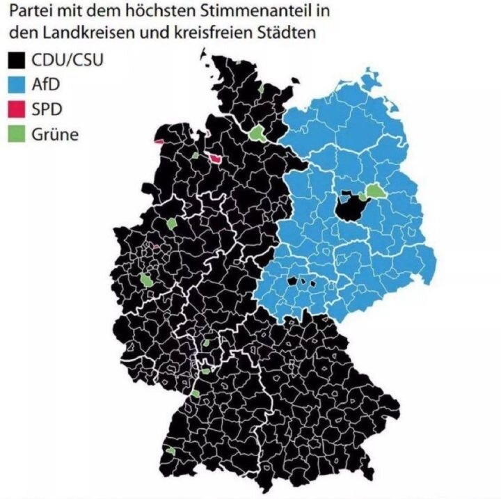 Карта партийного голосования на выборах в Бундестаг в 2025 году. Синий цвет – у АдГ. Источник: bild.de.