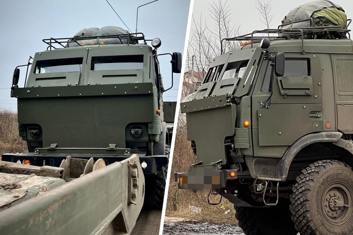 Дополнительные бронепластины на кабине «КАМАЗа» в зоне СВО ©Телеграм-канал Военный Осведомитель  📷