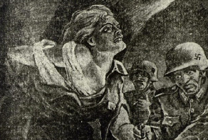 Фрагмент рисунка художника Денисова. Военное издательство НКО СССР. Редакция фронтовой красноармейской газеты "Красная Армия"