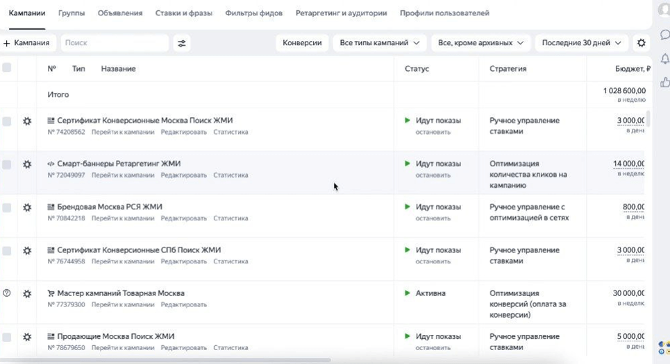 Скриншот рекламного кабинета. Раздел кампании