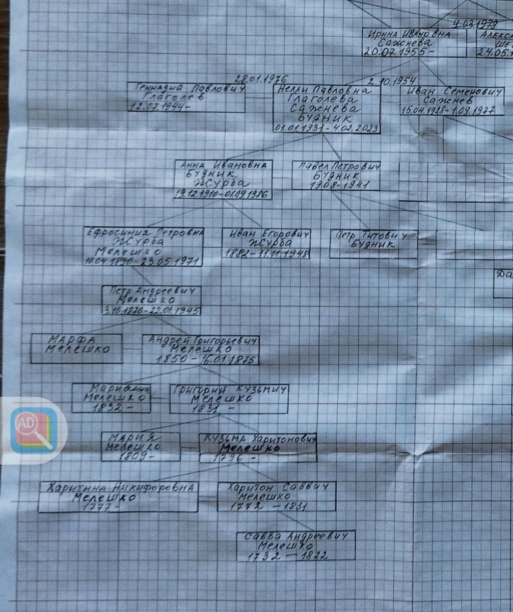    Это часть моей схемы генеалогии, хорошо видно всех Мелешко, что смогла найти в архивных документах.