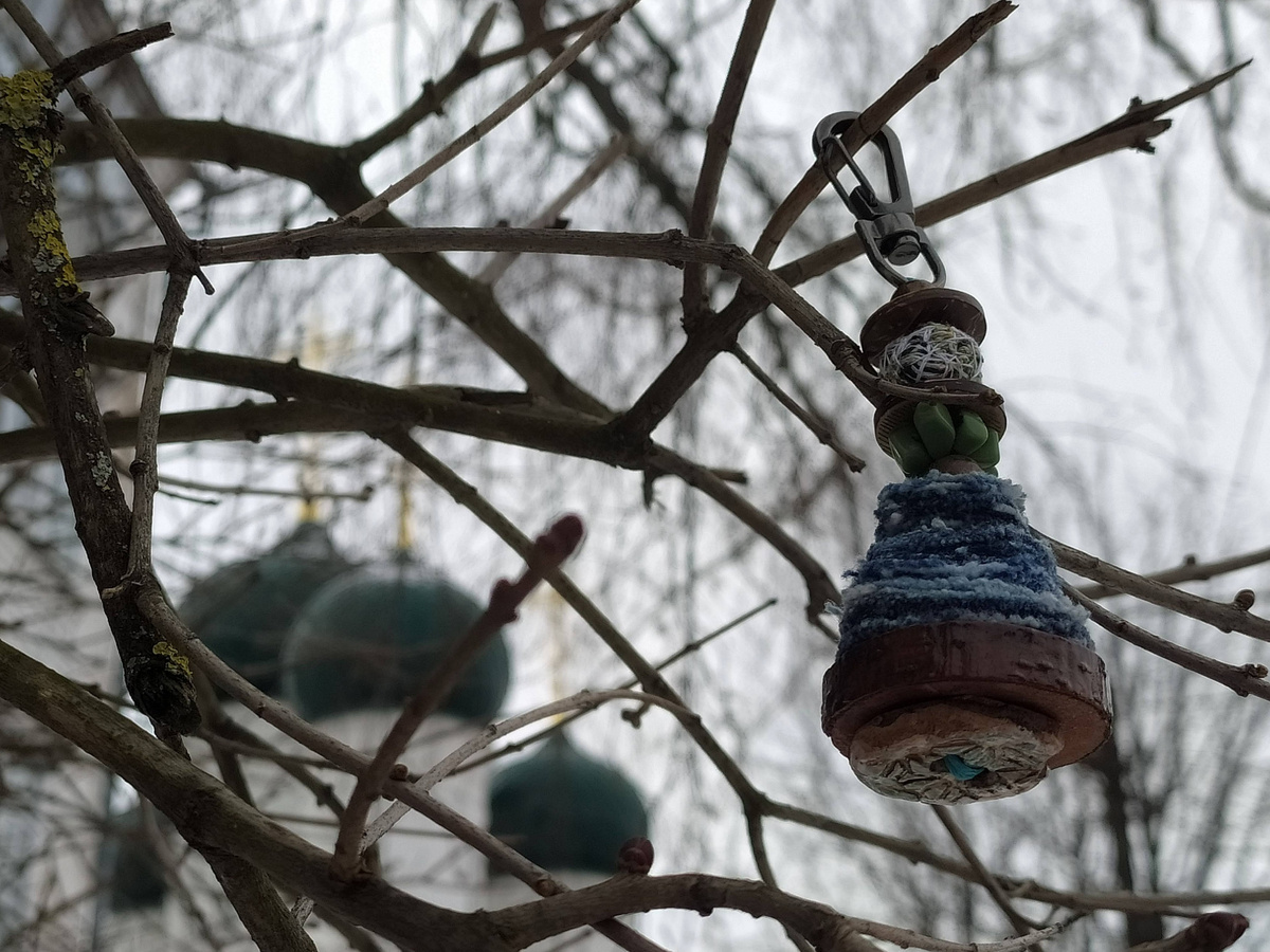 Повесила брелок на веточку, навела резкость на него (тык пальчиком в экран или режим "портрет"), купола и дальний план ушли в расфокус. Зелëные оттенки поддерживают друг друга. Красота, да? 