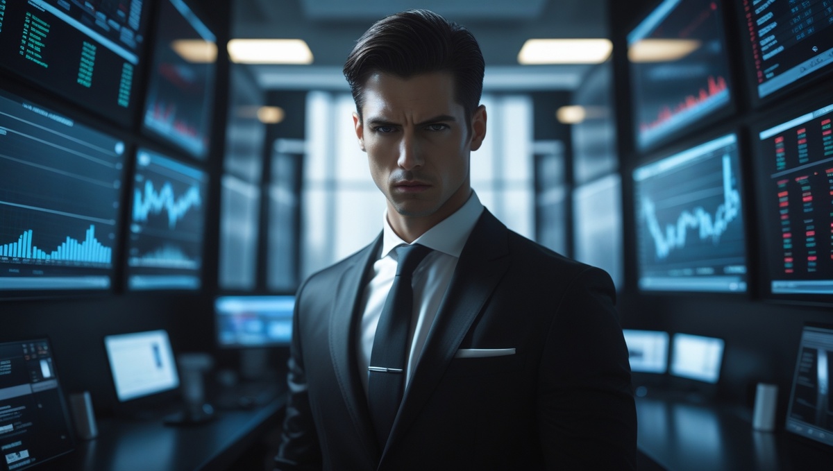 Бизнесмен в современном офисе анализирует маркетинговые данные и продажи на цифровых экранах. Чат-боты и автоматизация помогают повышать прибыль и снижать издержки.