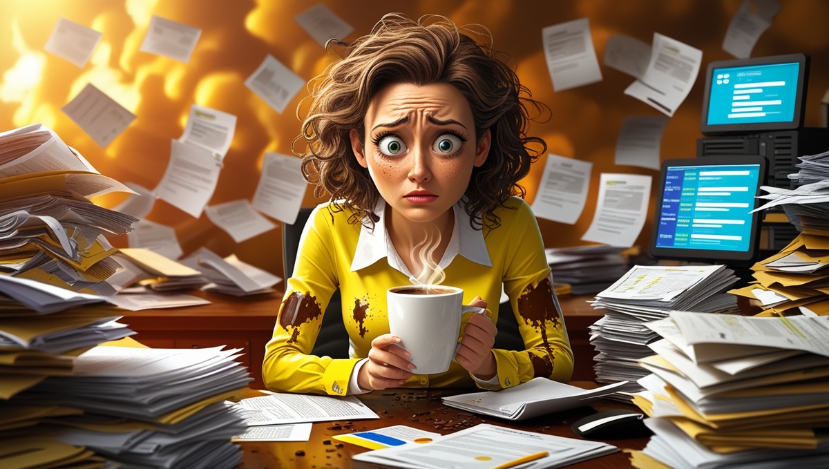 Уставший менеджер по продажам среди звонков, бумаг и уведомлений.
