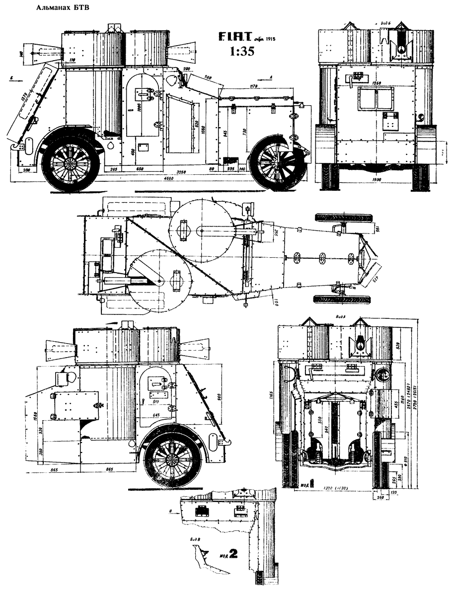 Чертёж-схема бронеавтомобилей FIAT Ижорского завода. Фотография в свободном доступе.