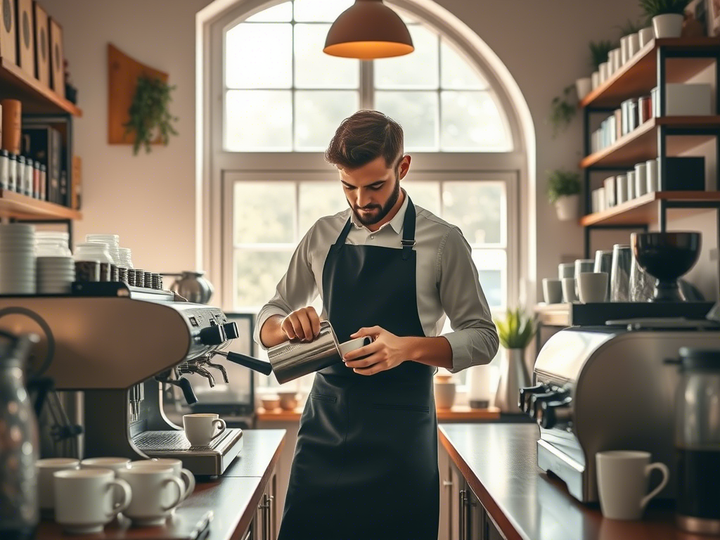 Пытается запихнуть чашку в кофейник.