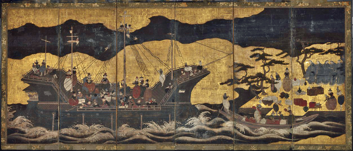 Ширма с изображением прибытия португальского корабля. Япония, XVII в.
