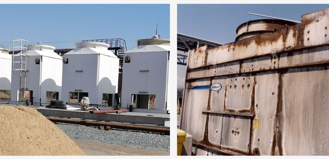 Слева - градирня из стеклопластика спустя 15 лет. Справа - градирня из металла спустя 15 лет.