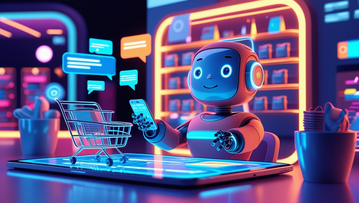 Футуристичный онлайн-магазин с умным чат-ботом, помогающим покупателям и мгновенно обрабатывающим заказы.