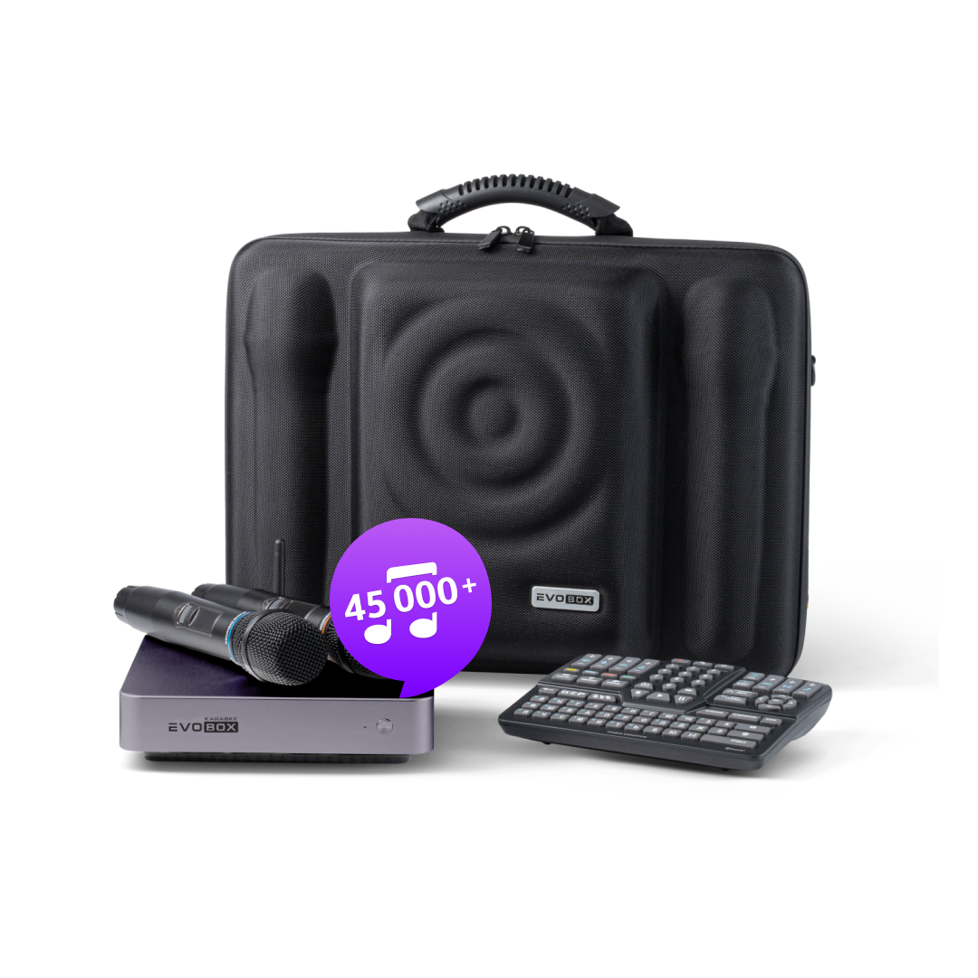Караоке система EvoBox Plus. В комплекте 48 000 песен, 15 000 клипов, 2 радиомикрофона, пульт ДУ и чехол для переноски. Осталось добавить телевизор и акустические системы.