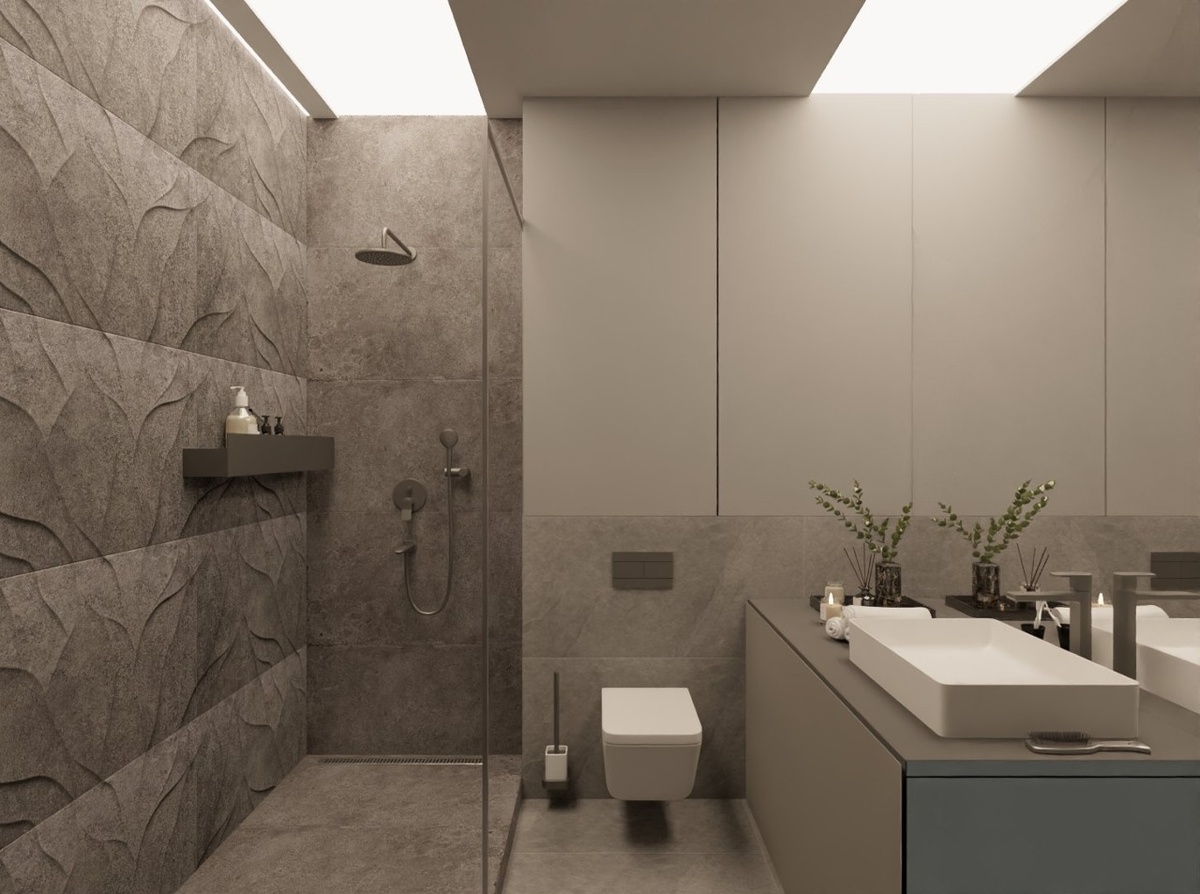 ASH BEIGE в качестве базового керамогранита на стенах и полу в основном помещении ванной комнаты