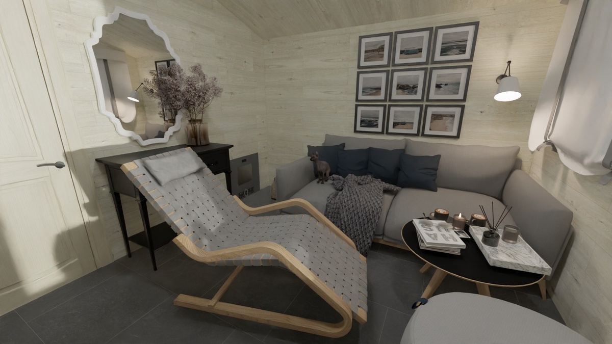 Керамогранит ASH BLACK на полу в комнате отдыха при бане