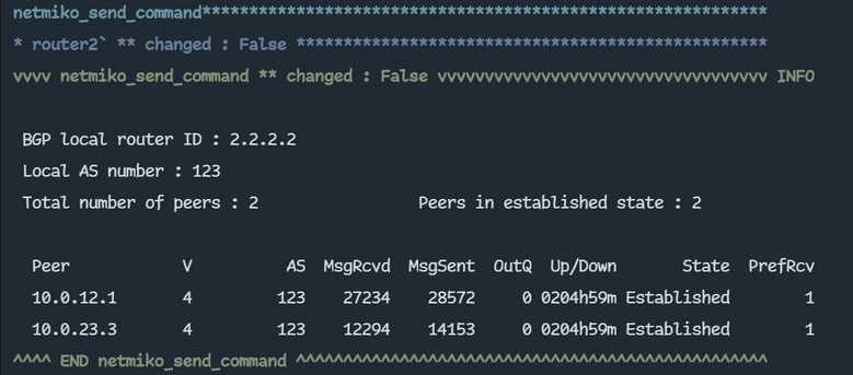 #nornir_netmiko_test.py from nornir import InitNornir from nornir_netmiko import netmiko_send_command from nornir_utils.plugins.functions import print_result from nornir.core.filter import F  
nr = InitNornir(config_file="config.yaml") group1 = nr.filter(F(groups__contains="huawei_vrpv8")) results = group1.run(netmiko_send_command, command_string='dis bgp peer') 
print_result(results)
Результат выполнения приведенного выше кода:


2.4.3 Nornir с плагином NAPALM