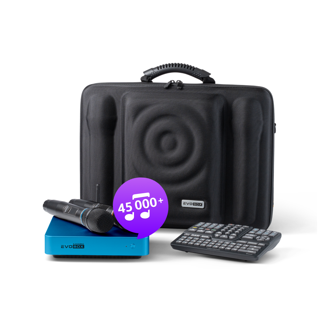 EVOBOX Plus Более 48 000 песен, более 15 000 клипов, 2 радиомикрофона, пульт ДУ и чехол для переноски.