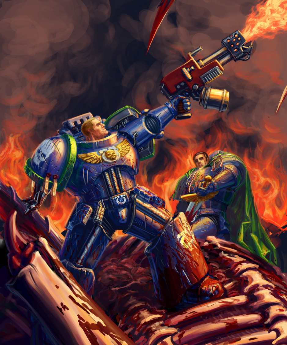 Блондин с огнеметом - Пазаний. Судя по всему, это Тарсис Ультра. Но, плохо видно, рука - протез, или нет...