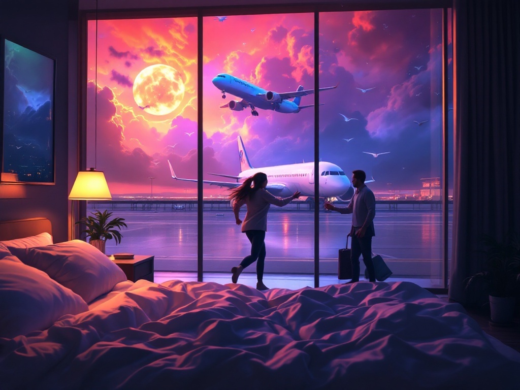    К чему такое снится: На картине изображен аэропорт. Женщина бежит к стойке регистрации, которая уже закрыта. Рядом стоит мужчина, с задерживающим её жестом. На фоне видны самолеты за окн