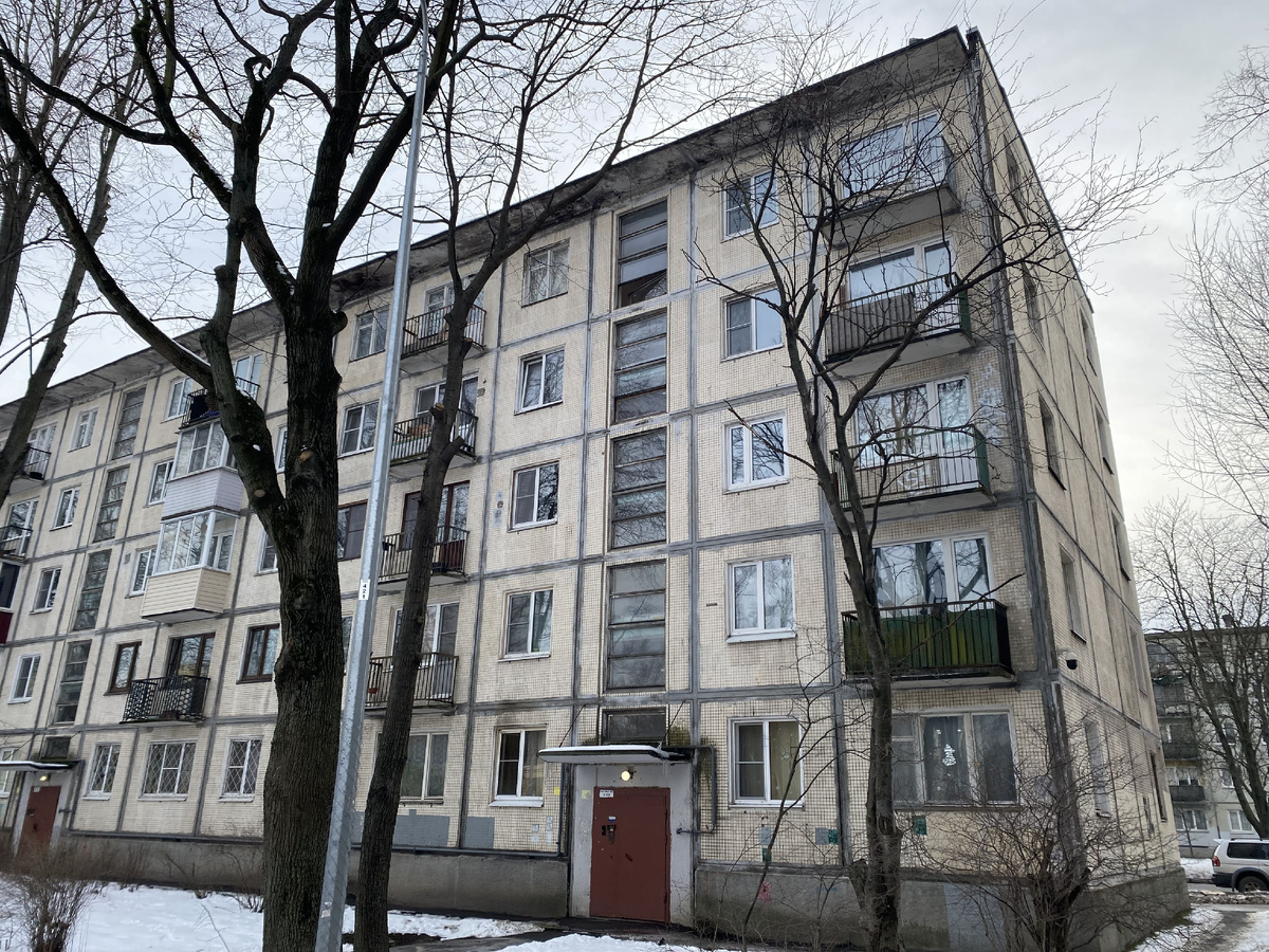 5 этажная панельная хрущевка серии 1-335, видно большие окна на лесничных пролетах (г. Санкт-Петербург, пр. Шаумяна, д. 54)