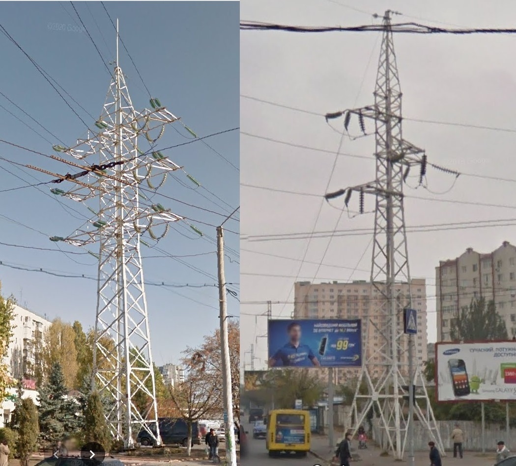 ВЛ 110 кВ в Одессе. Слева – трёхцепная опора 110 кВ на базе двухцепной УС110-6, справа – отпайка на опоре, предположительно, УДЛБ (Л, если что, ленинградского типа, ленинградка)