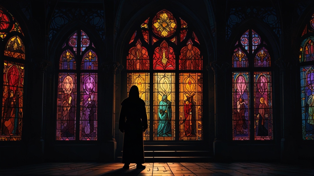 Фигура в капюшоне перед витражным окном