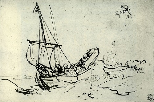 Рембрандт. Христос во время шторма на Галилейском море. 1654-1655. Перо, бистер.