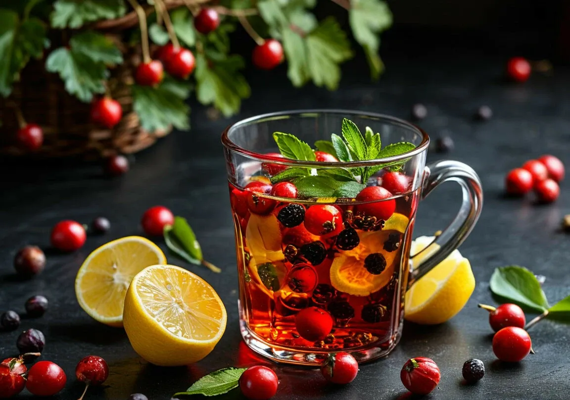 Горячий чай из боярышника в стеклянной чашке на деревянном столе