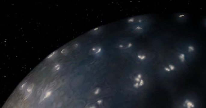 Молнии на поверхности Юпитера. Фотография КА «Юнона». NASA.