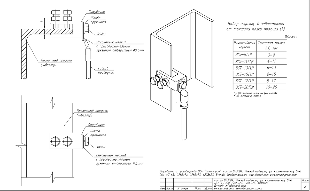 Рис.2 Подключение гибкого заземляющего проводника к швеллеру