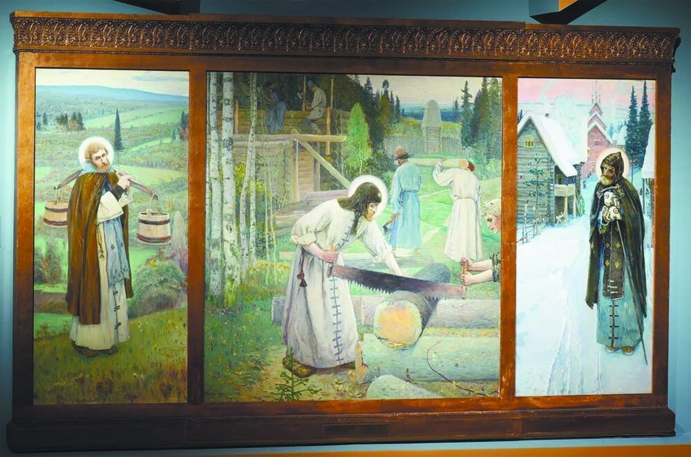 • Триптих  «Труды Преподобного Сергия», 1896-1897 гг. Холст, масло. Автор Михаил  Нестеров. Экспонат из Государственной Третьяковской галереи. Известный  русский художник Михаил Нестеров посвятил десятилетия своей жизни  созданию уникального цикла картин, посвящённого Сергию Радонежскому.  Это творчество стало откликом на 500-летний юбилей со дня кончины Преподобного.