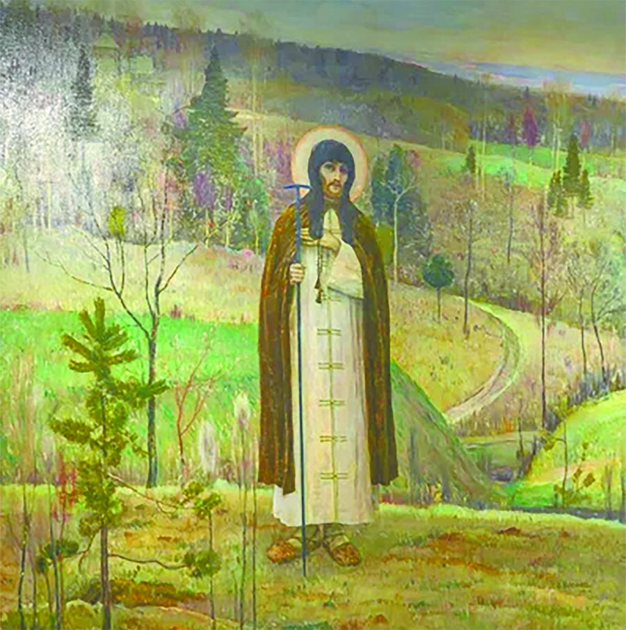 •  Картина «Преподобный Сергий Радонежский», 1899 год, автор Михаил  Нестеров. Холст, масло. Экспонат из Государственного Русского музея. Самый  узнаваемый образ Преподобного, близкий и современникам автора, и  сегодняшнему зрителю. Художник начал работать над полотном в 1891 году,  ещё не закончив другие картины цикла. Однако, несмотря на кажущуюся  простоту композиции, написание образа Сергия Радонежского заняло более 7  лет, и завершил работу Нестеров только в 1899 г. Интересно, что писал  эту картину Нестеров поверх первого варианта другой своей работы —  «Юность Сергия». В правом нижнем углу на картине — авторская надпись,  сделанная самим Михаилом Нестеровым.